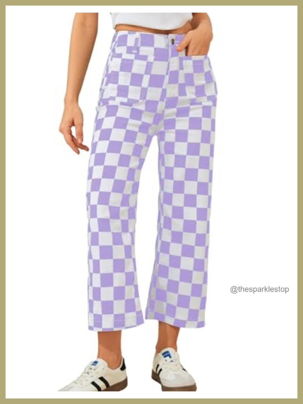 Cropped Jeans High Waisted Straight Leg Stretchy Checkered Pants with Pockets